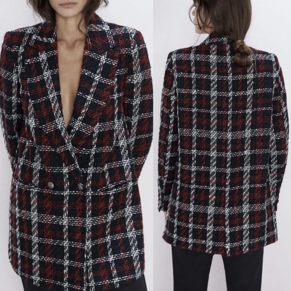 Zara Tweed Double Breasted Blazer Oversized Plaid Red Black Suit Jacket‎ Size XS